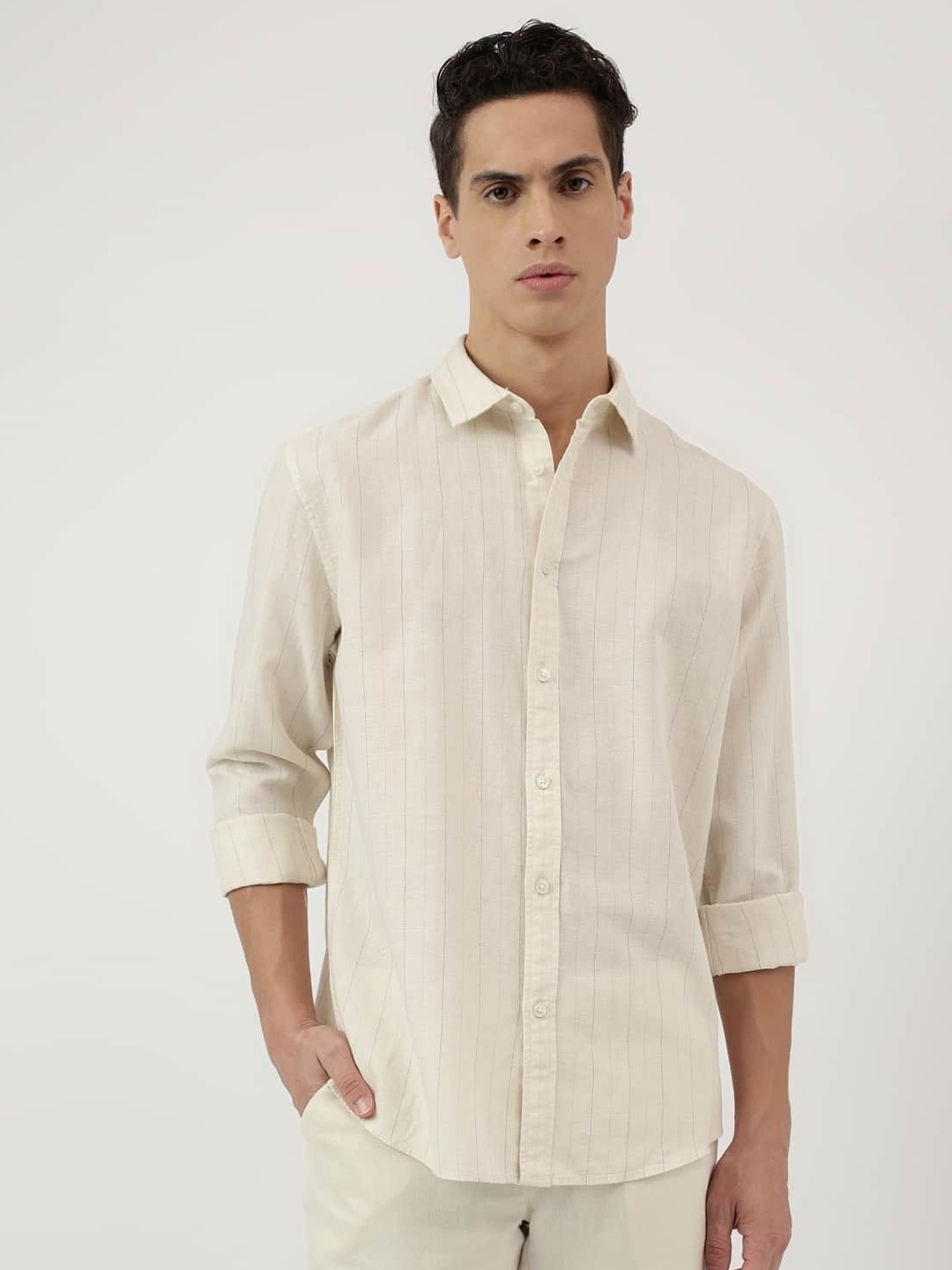 

Marks & Spencer Men Spread Collar Vertical Striped Linen Blend Relaxed Fit Casual Shirt, Beige