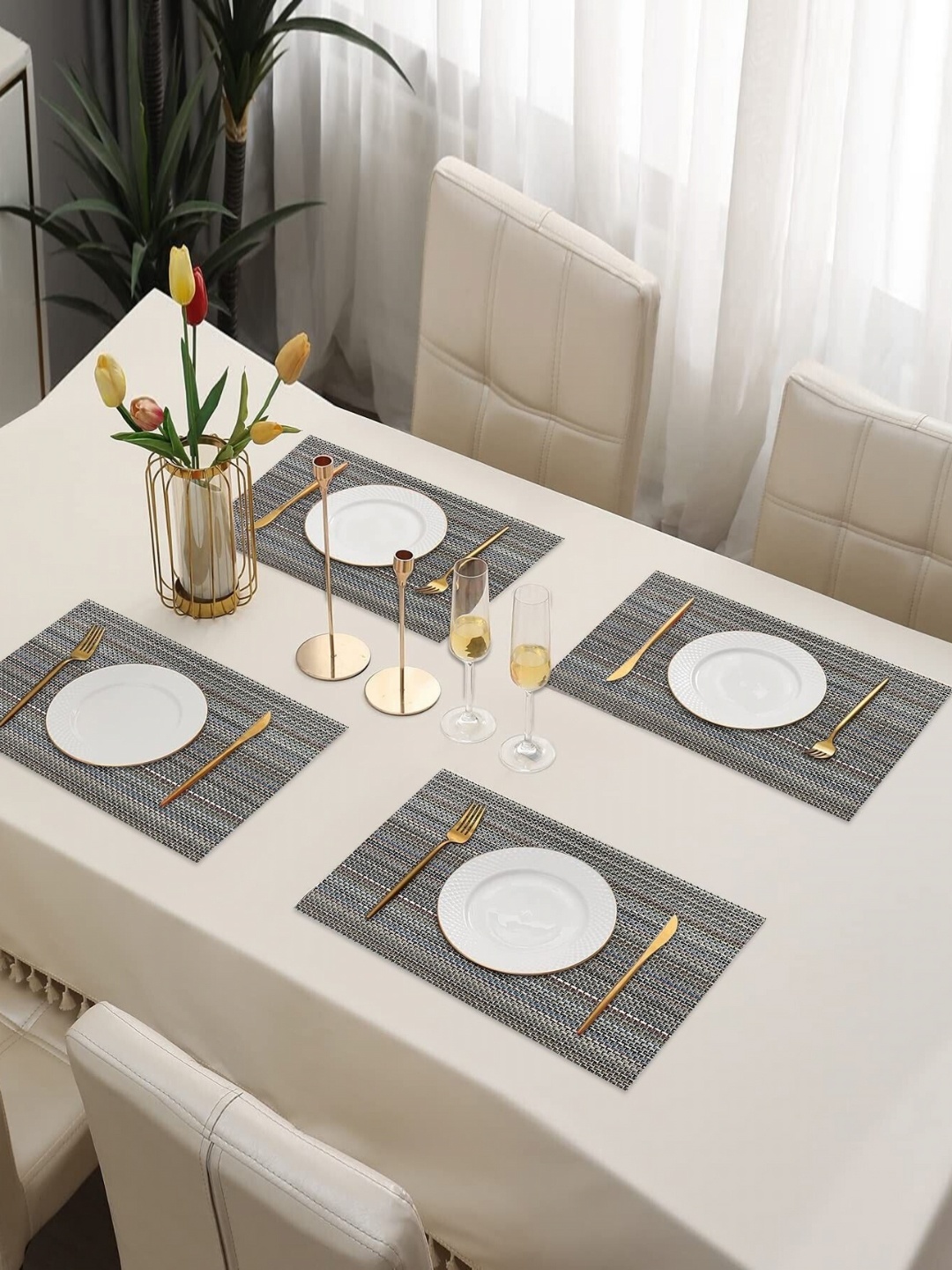 

Dakshya Industries 4Pcs Grey Striped Rectangle Shape Table Placemats