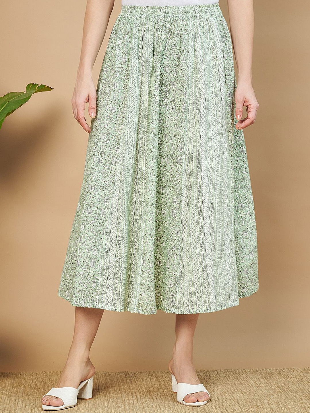 

ETC Printed Pure Cotton Flared Midi Skirt, Green