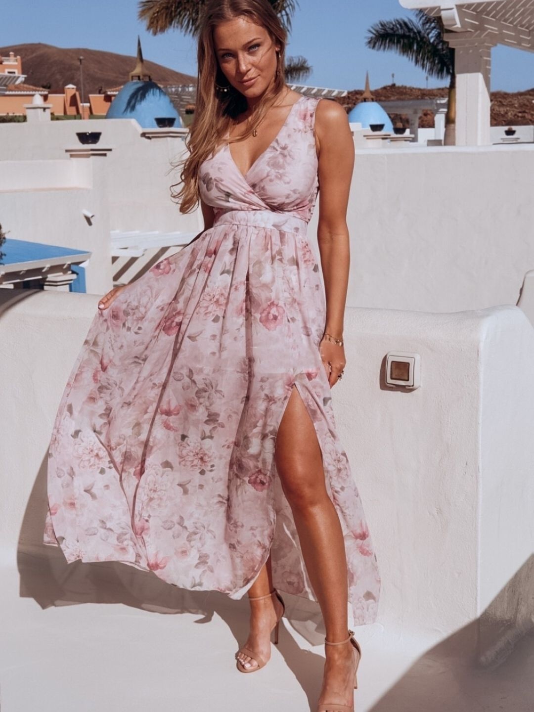 

KPOP Women Floral Print A-Line Maxi Dress, Pink