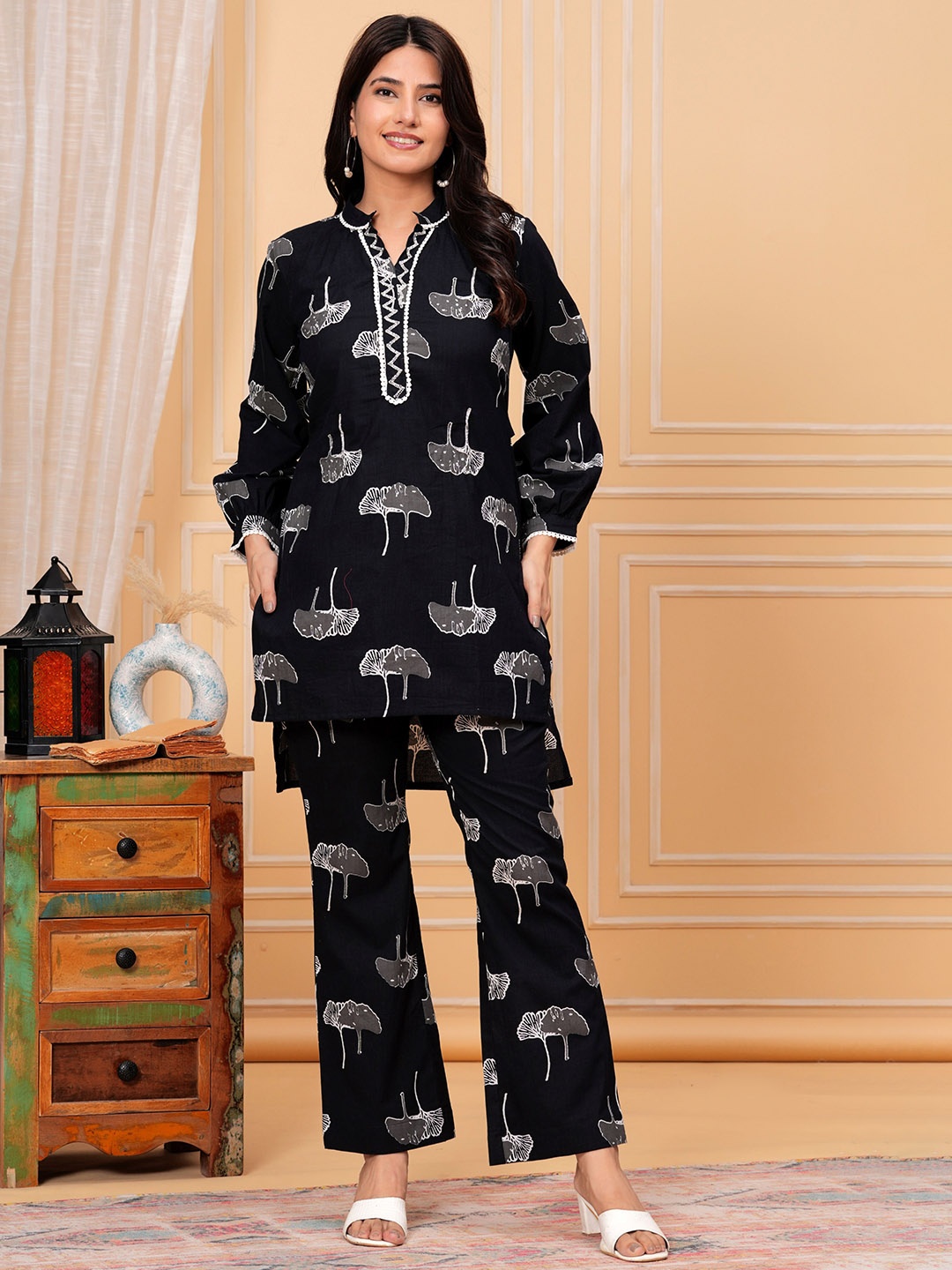 

KALINI Printed Pure Cotton Tunic & Trouser, Black