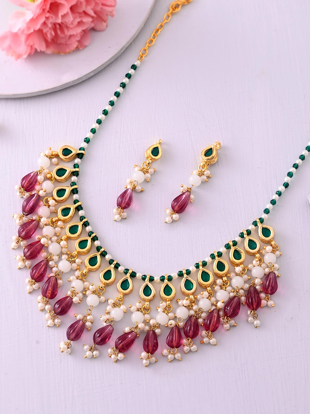 

DASTOOR Gold Plated Kundan Studded & Beaded Necklace & Earrings