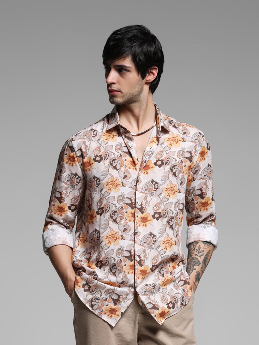 

Jack & Jones Men Spread Collar Floral Printed Lyocell Slim Fit Casual Shirt, Beige