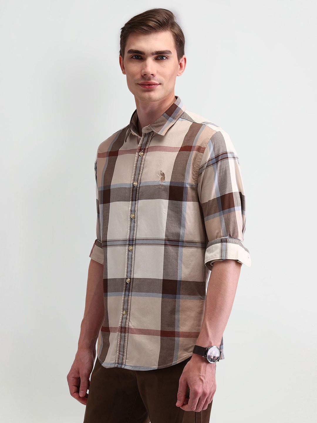 

U.S. Polo Assn. Denim Co. Men Comfort Spread Collar Checked Cotton Slim Fit Casual Shirt, Beige