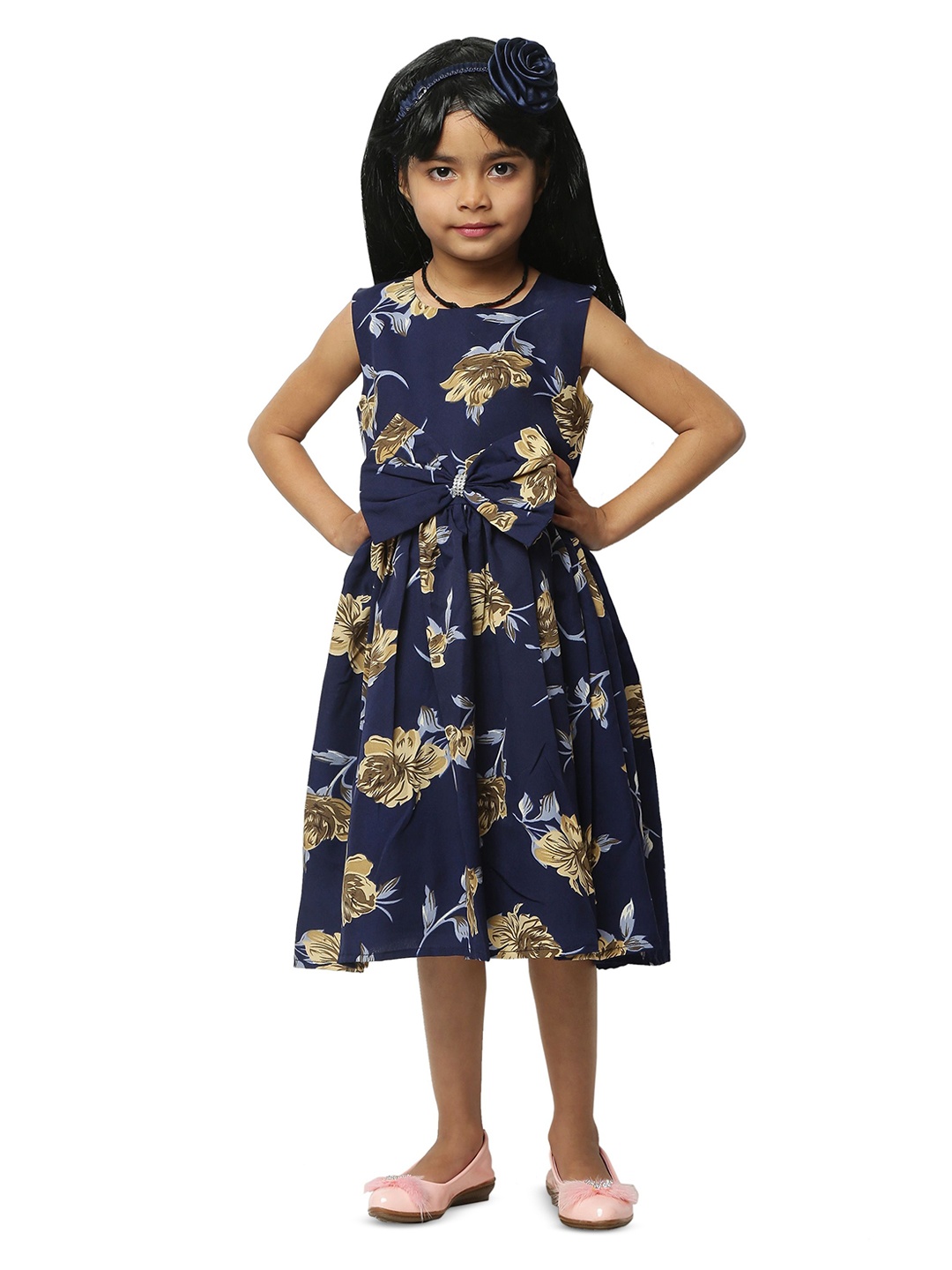 

Wish little Girls Self Design Fit & Flare Mini Dress Comes with a belt, Blue