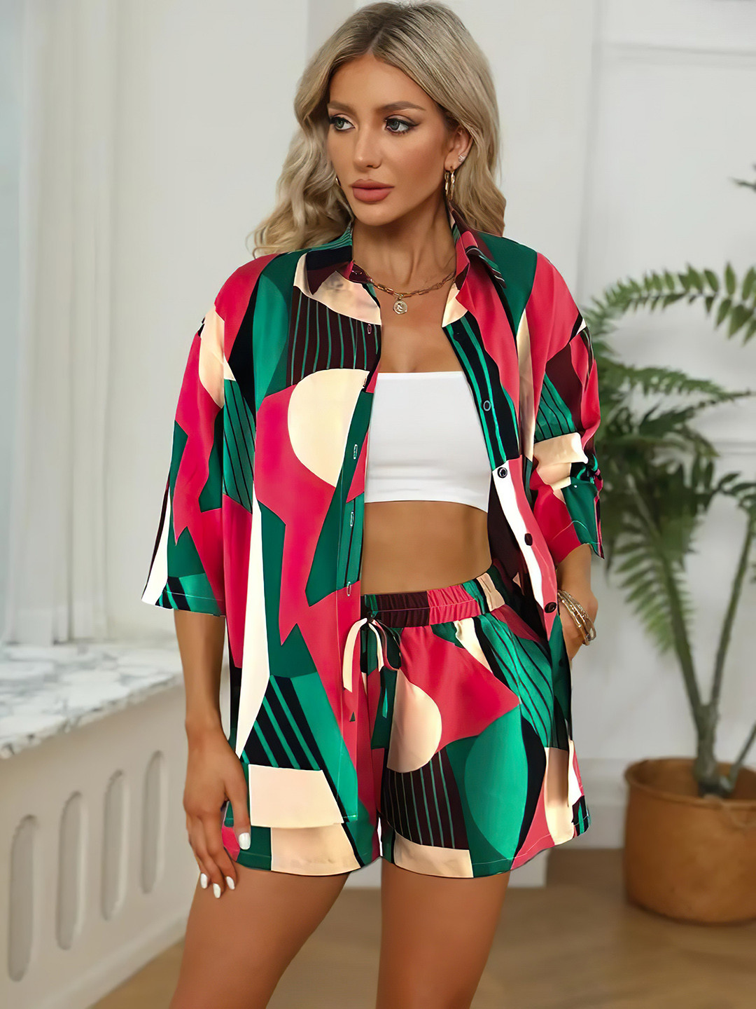 

ZWERLON Geometric Printed Three-Quarter Sleeves Shirt With Shorts, Red