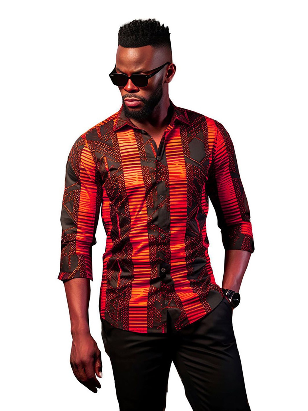 

StyleCast x Revolte Men Cutaway Collar Vertical Striped Casual Shirt, Red