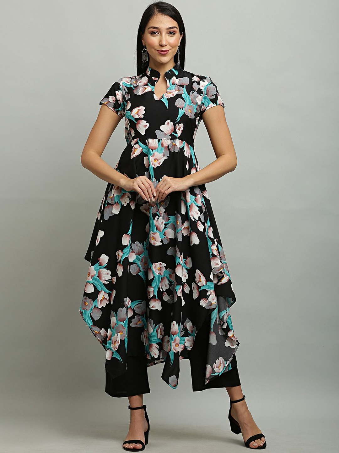 

DEGE Women Floral Printed Mandarin Collar Anarkali Kurtas, Black