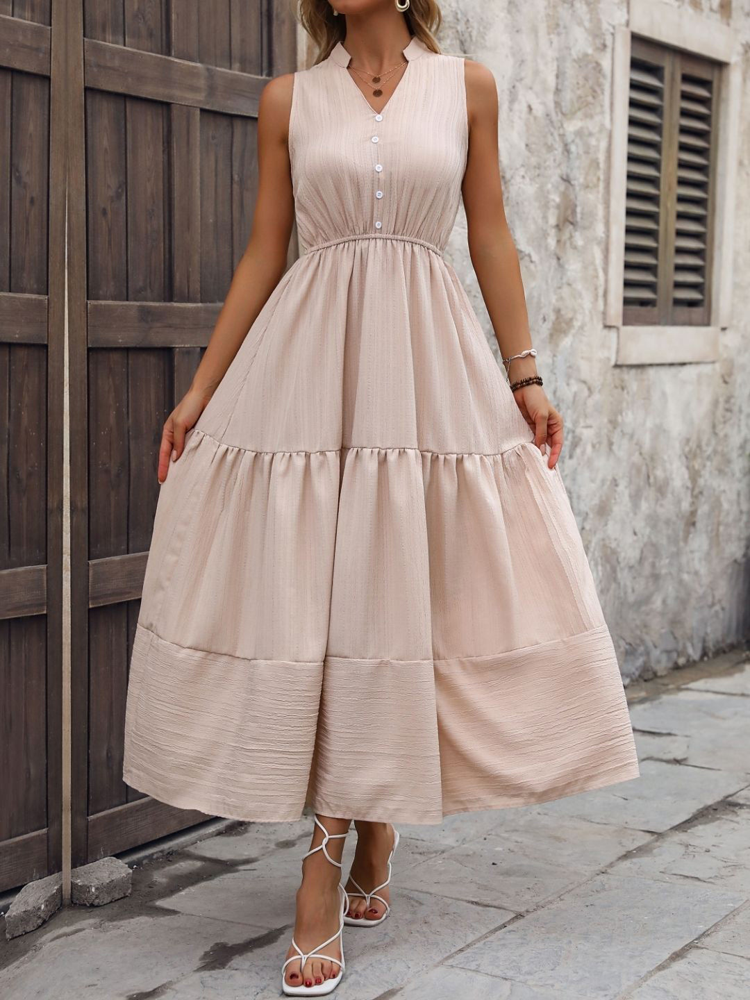 

KPOP Women Mandarin collar Maxi Dress, Cream