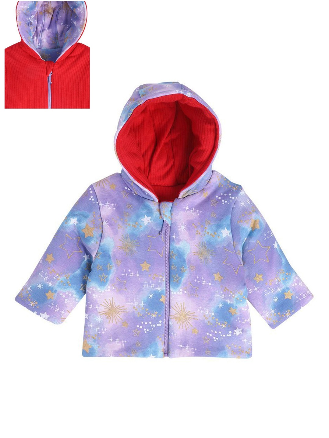 

MINI KLUB Girls Printed Hooded Crop Open Front Reversible Jacket, Violet