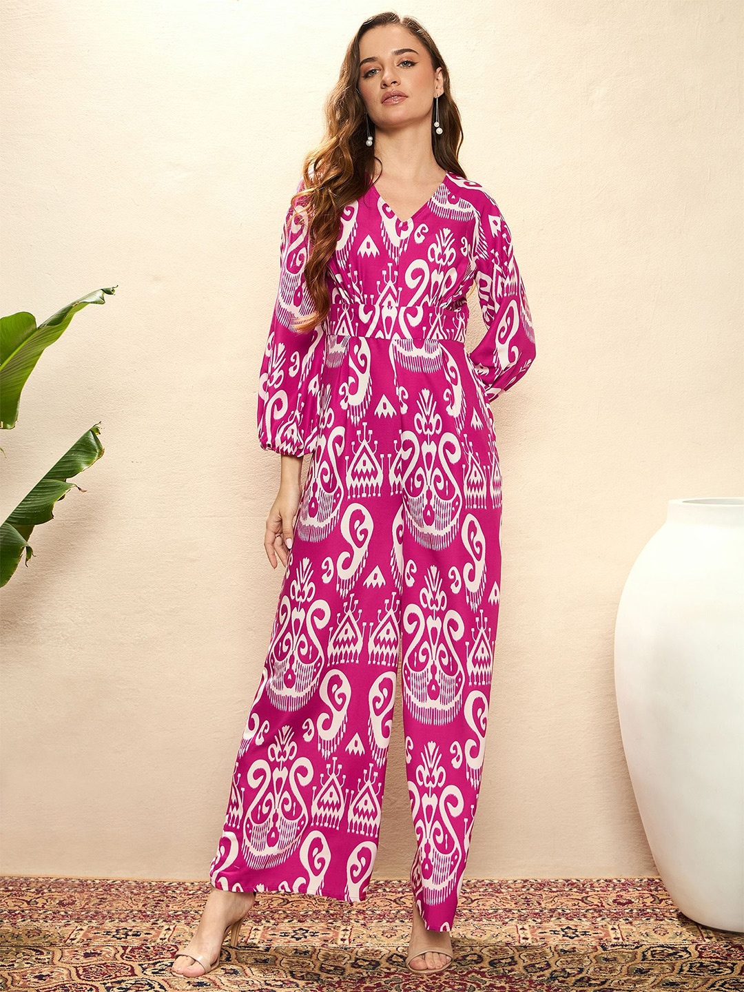 

MOSTUNIQUE BY KASSUALLY Women V-Neck Printed Basic Jumpsuit, Pink