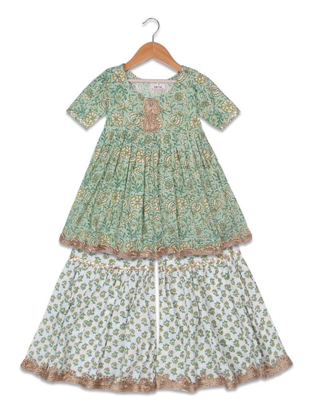 

AATYA KIIDS Girls Floral Printed Pleated Pure Cotton A-Line Kurta with Sharara, Blue