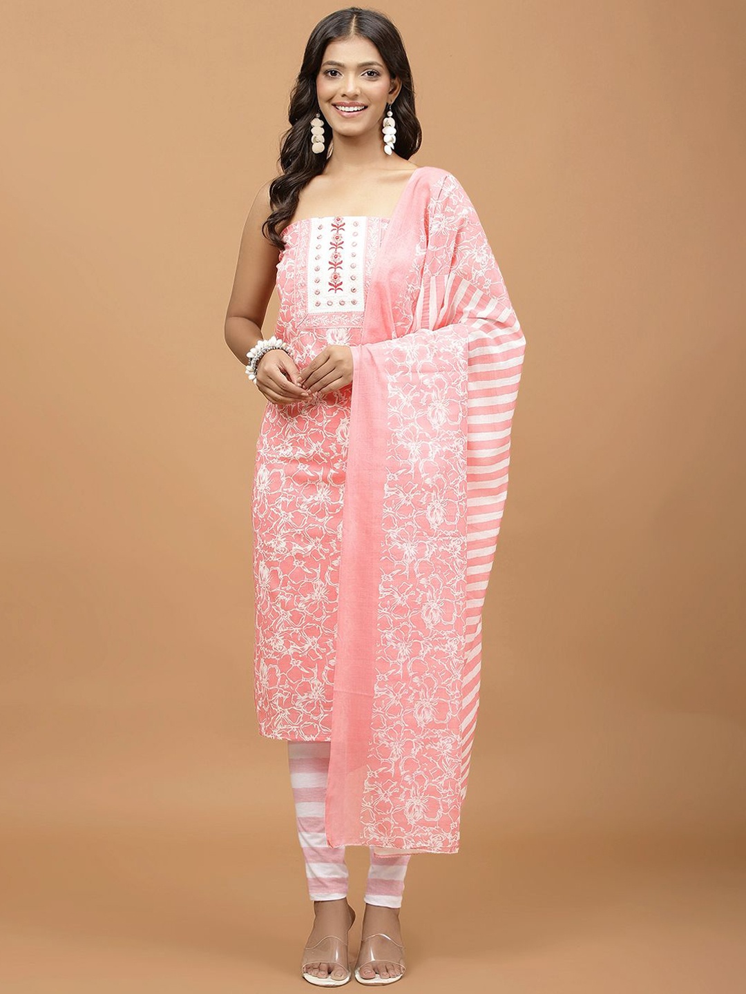 

Meena Bazaar Floral Printed Unstitched Dress Material, Pink