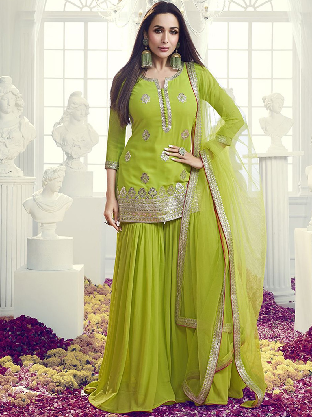 

Inddus Floral Embroidered Notch Neck Georgette Straight Kurta With Sharara & Dupatta, Green