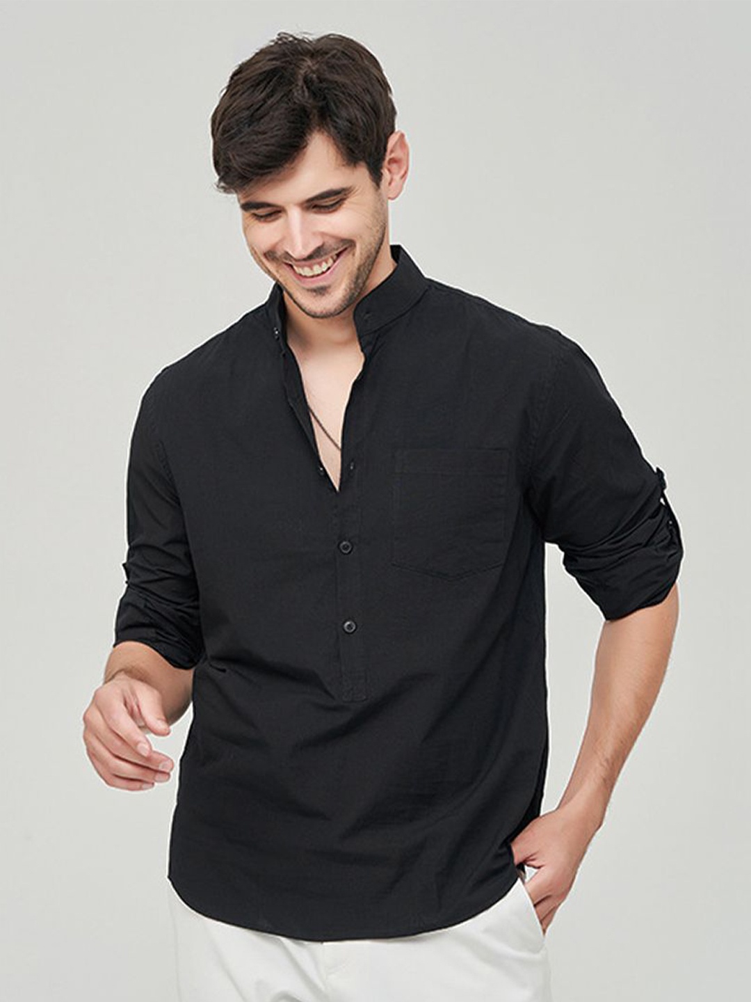 

StyleCast x Revolte Men Band Collar Solid Cotton Casual Shirt, Black