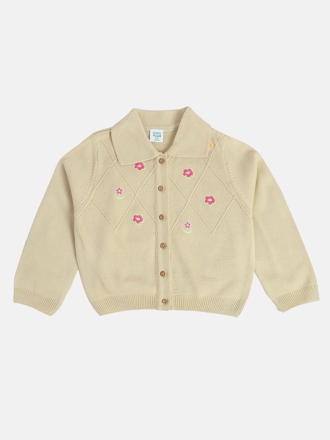 

MINI KLUB Girls Floral Embroidered Lapel Collar Long Sleeves Cardigan, Off white
