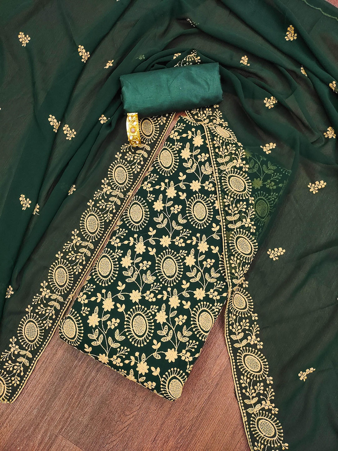 

KALINI Ethnic Motifs Embroidered Silk Georgette Unstitched Dress Material, Green