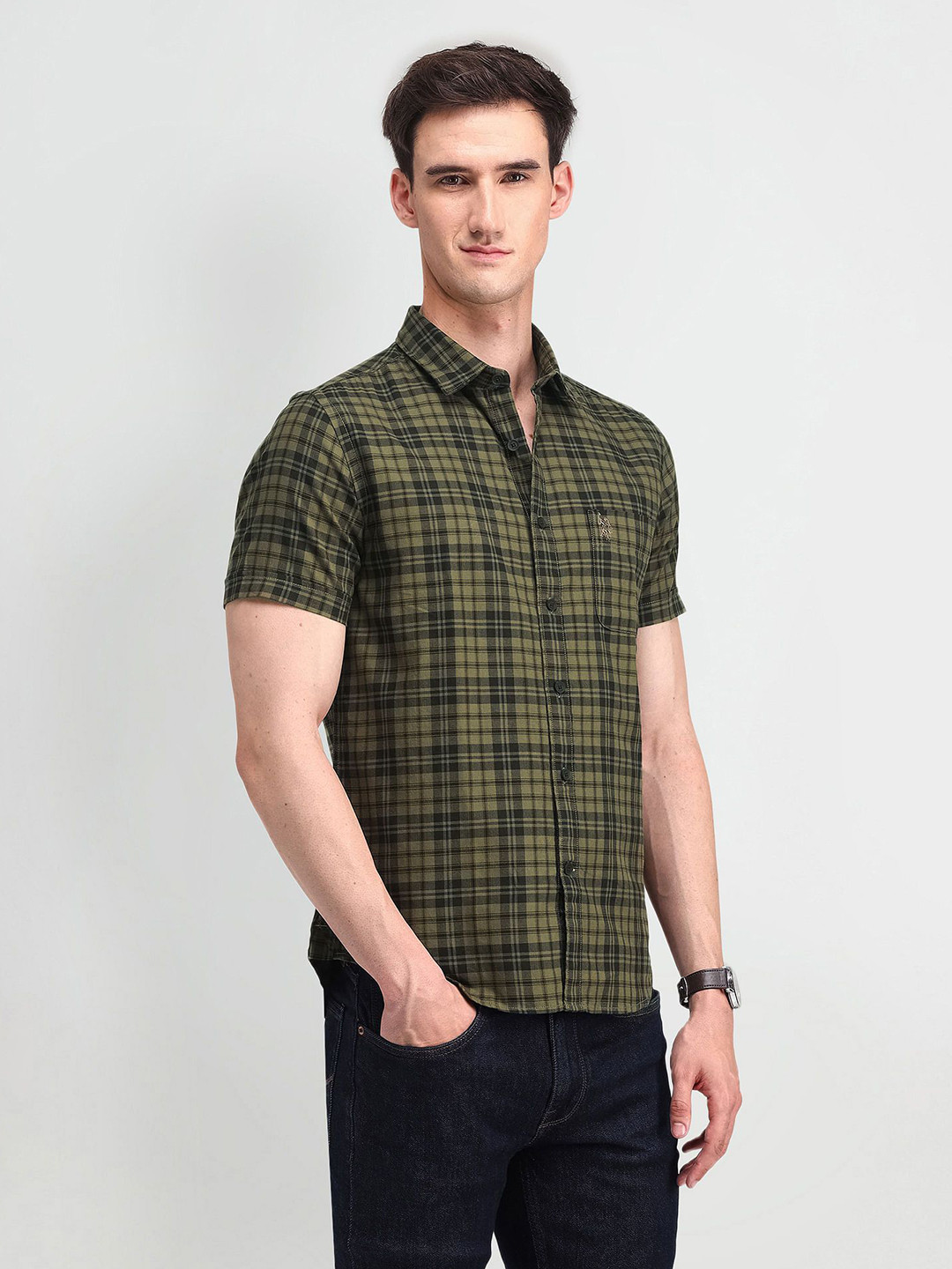 

U.S. Polo Assn. Denim Co. Men Comfort Tartan Checked Cotton Slim Fit Casual Shirt, Olive