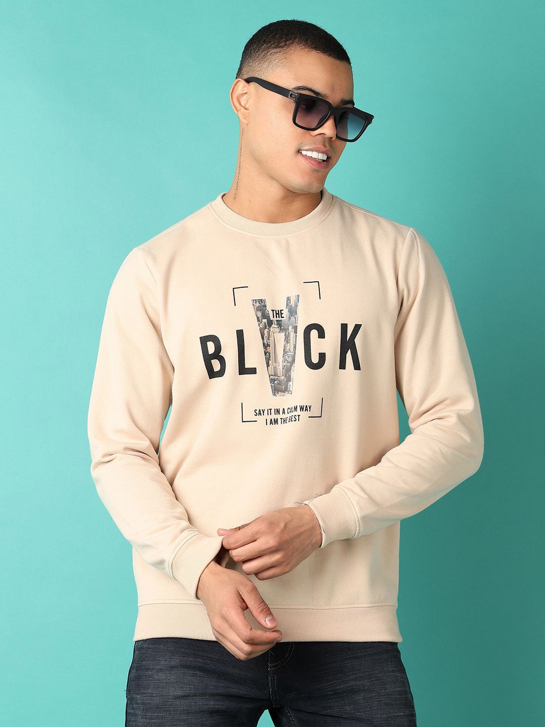 

V-Mart Men Typography Printed Round Neck Cotton Pullover Sweatshirt, Beige