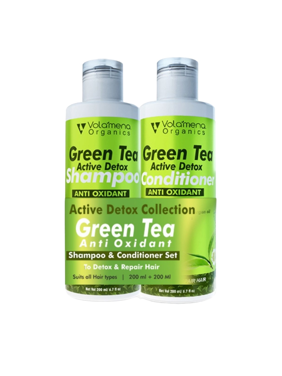 

Volamena Set Of 2 Hair Care Combo Green Tea & Bhringraj Shampoo & Conditioner- 200ml Each, White