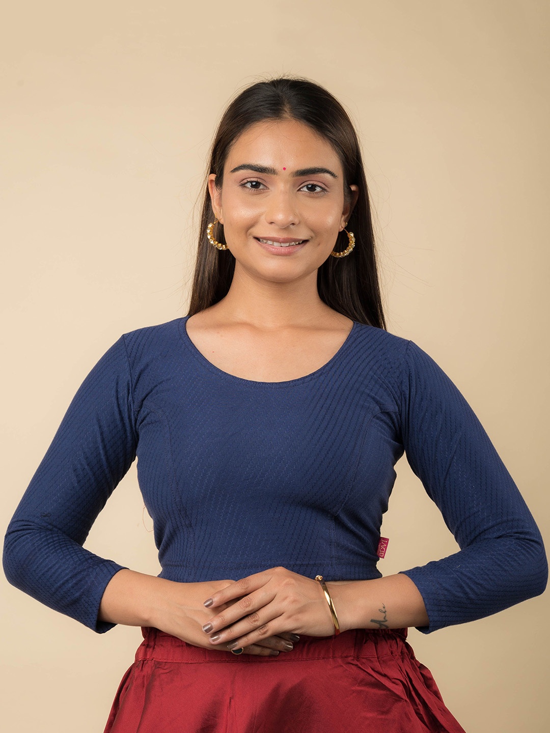 

Bindigasm's Advi Woven Design Non-Padded Long Sleeves Cotton Saree Blouse, Navy blue