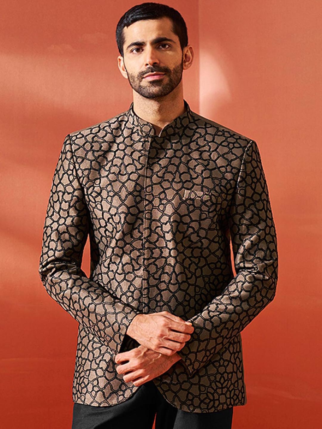 

VASTRAMAY Embroidered Slim-Fit Bandhgala Blazer, Coffee brown