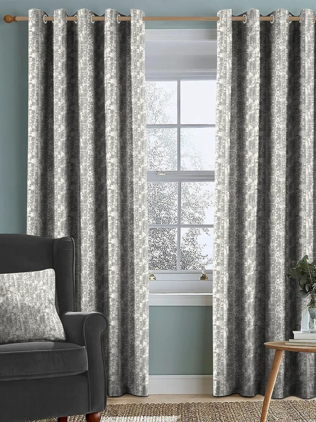 

Nefertiti Home Grey Set of 2 Floral Black Out Long Door Curtain