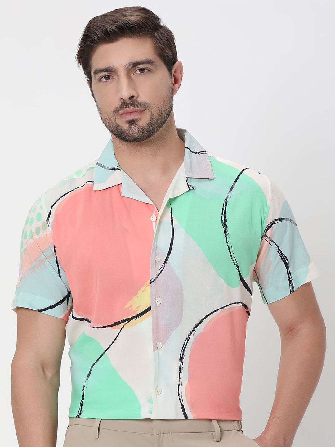 

Mufti Men Cuban Collar Abstract Printed Cotton Slim Fit Casual Shirt, Off white