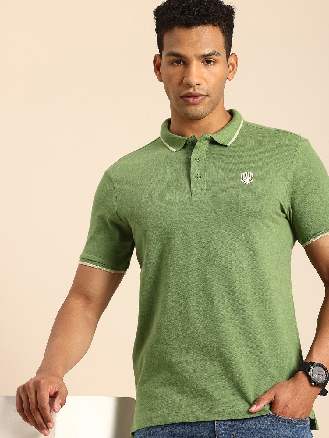 

Being Human Polo Collar Pure Cotton T-shirt, Olive