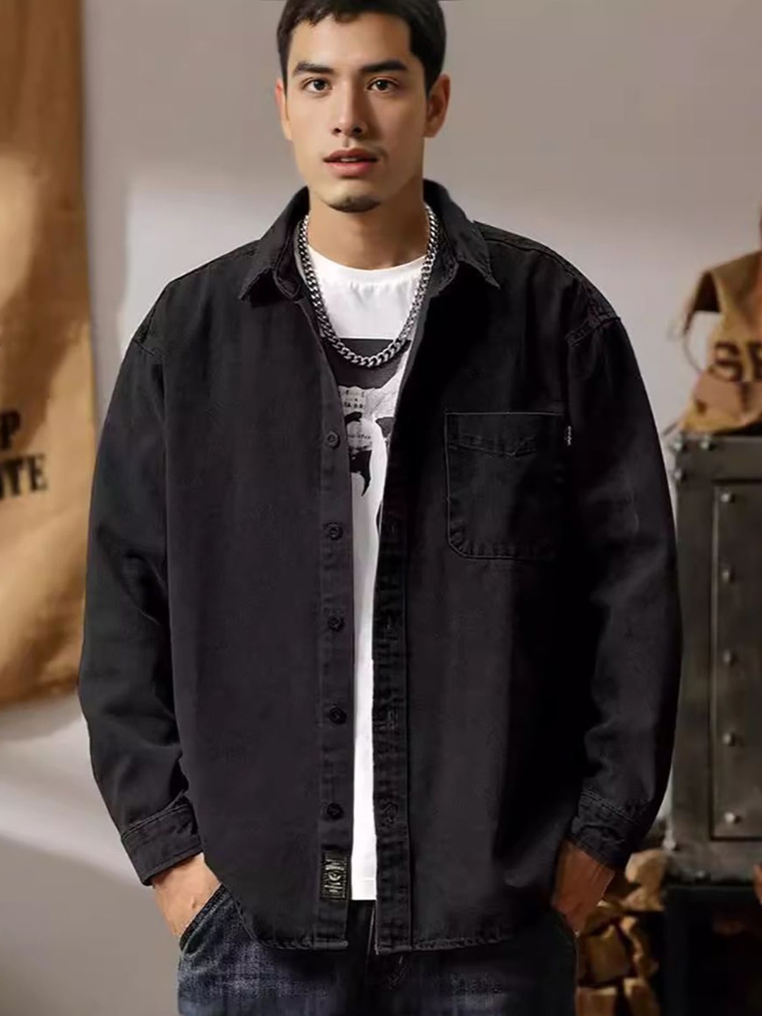 

StyleCast x Revolte Men Cutaway Collar Solid Oversized Casual Shirt, Black