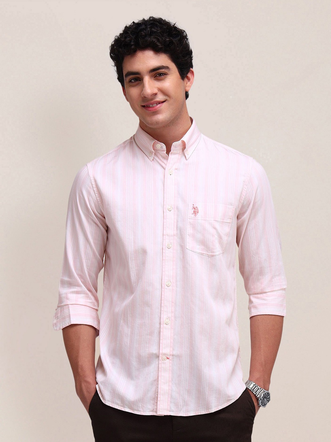 

U.S. Polo Assn. Men Classic Button-Down Collar Vertical Striped Cotton Casual Shirt, Pink