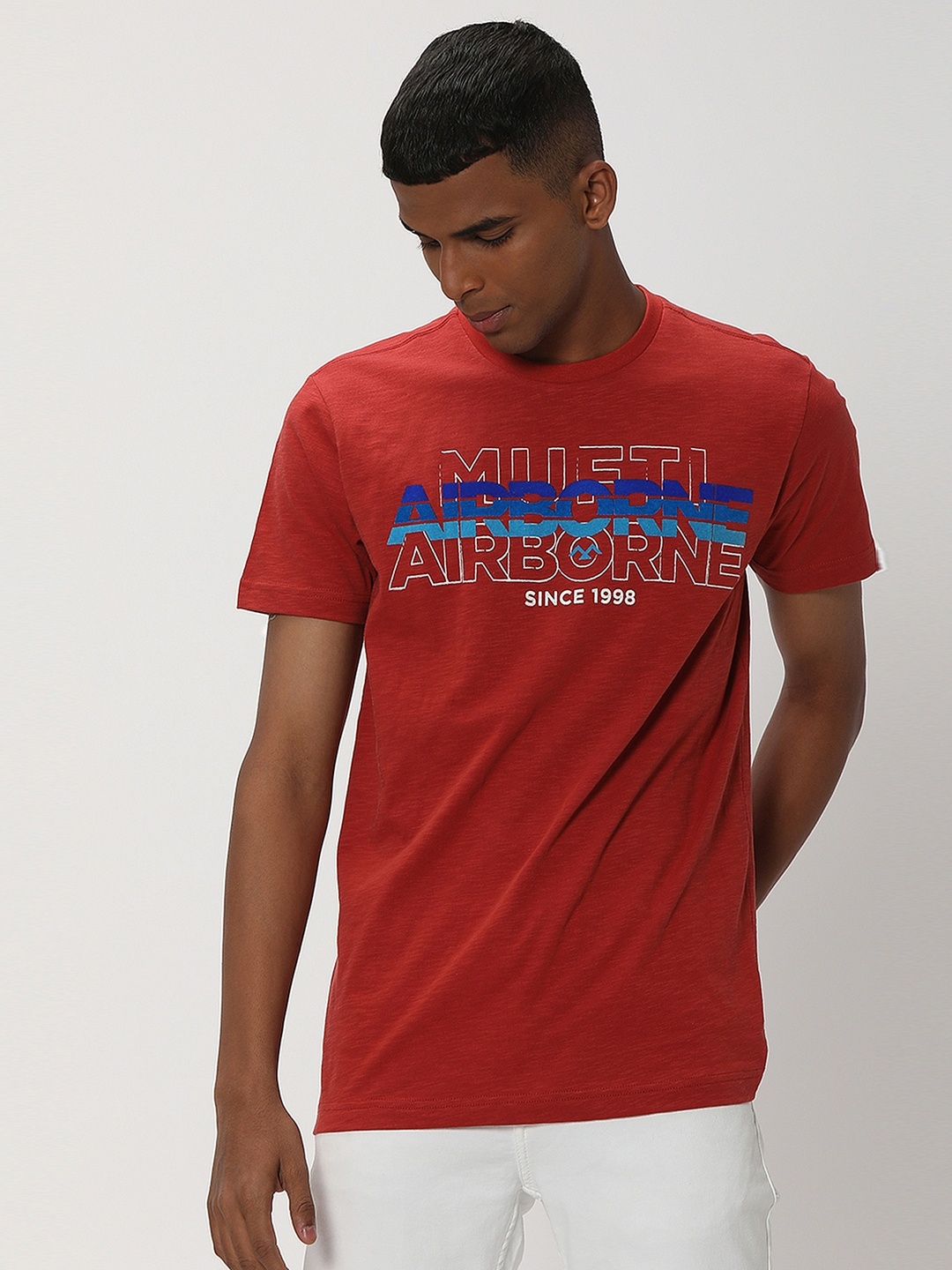 

Mufti Typography Printed Pure Cotton Slim Fit T-shirt, Red
