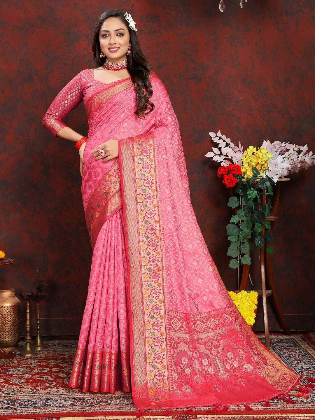 

Zeekha Woven Design Printed Zari Pure Silk Kanjeevaram Saree, Pink