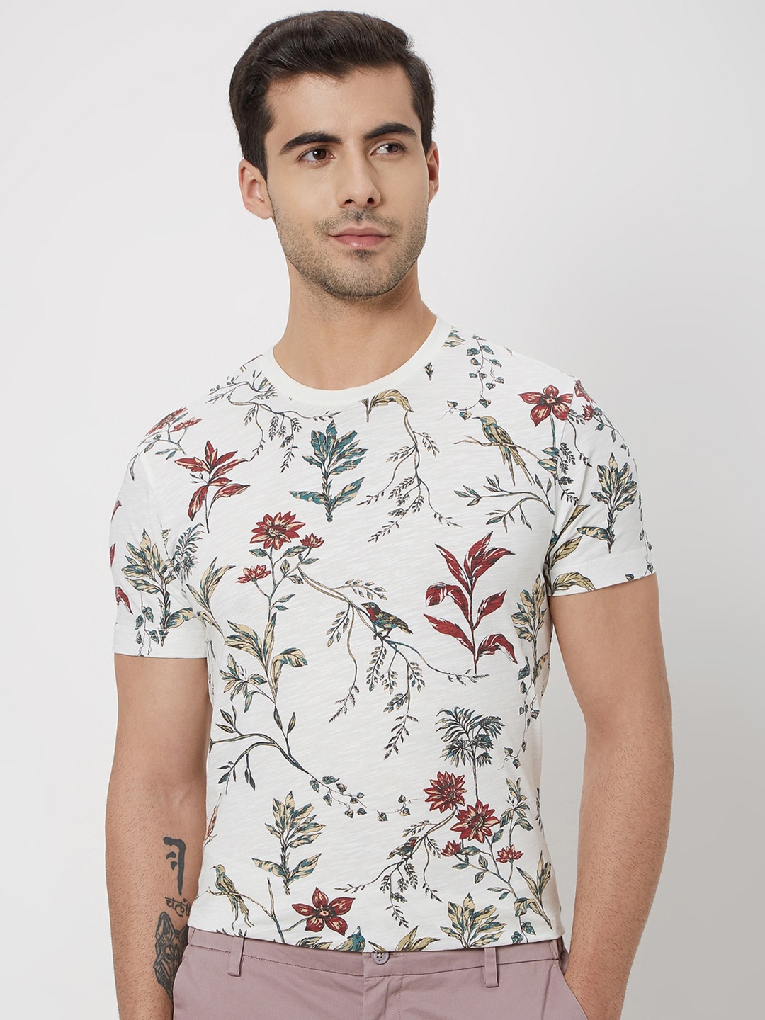 

Mufti Floral Printed Slim Fit Pure Cotton T-shirt, Off white