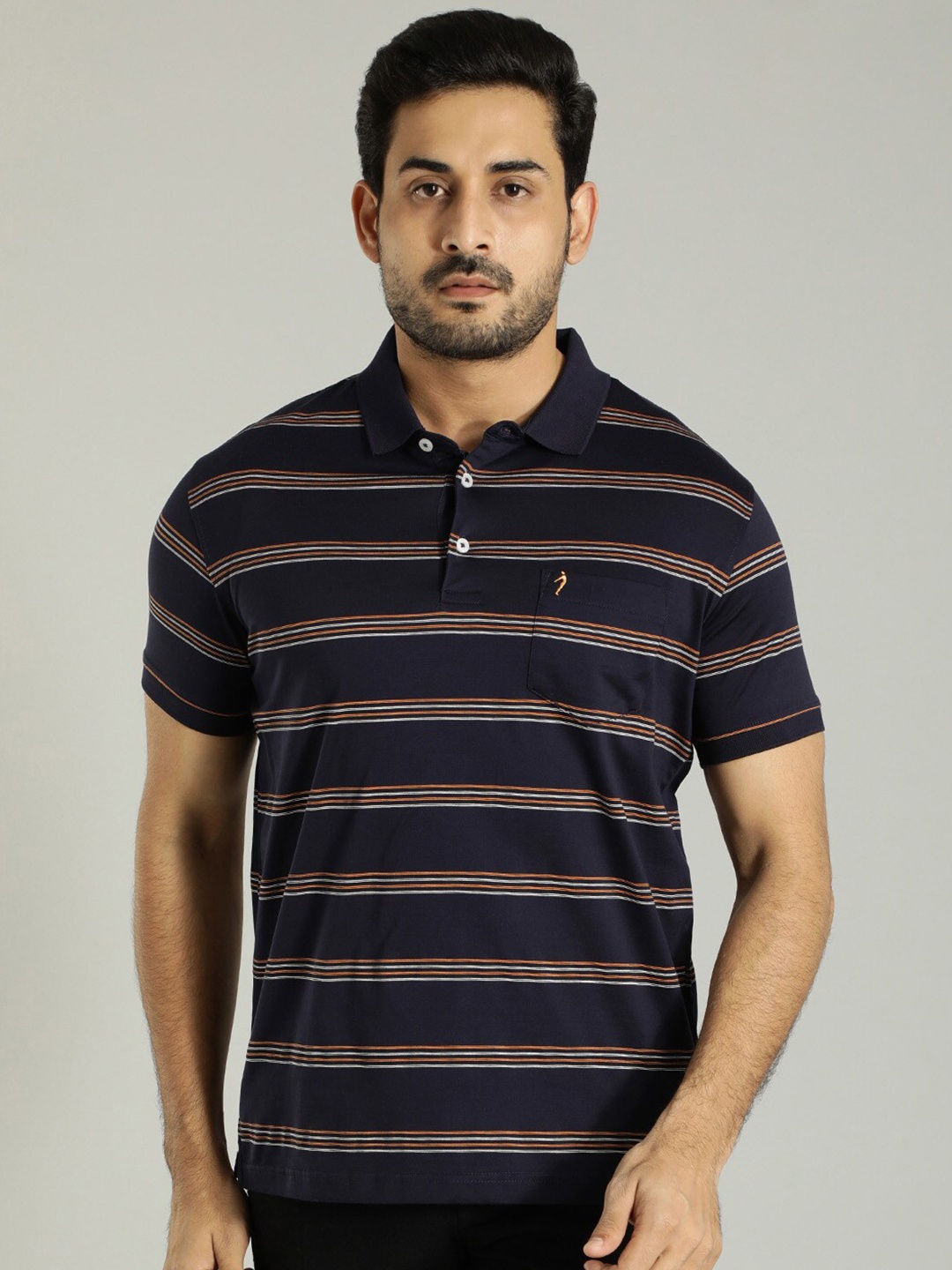 

Indian Terrain Striped Polo Collar Pure Cotton T-shirt, Navy blue