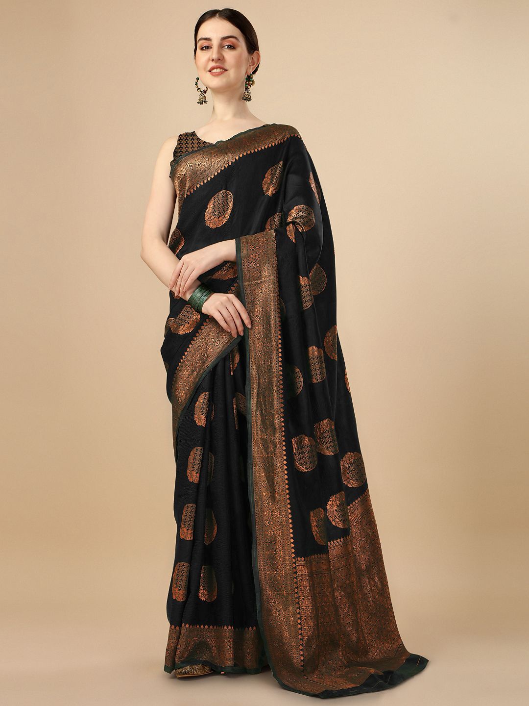 

QENY Woven Design Zari Art Silk Banarasi Saree, Black