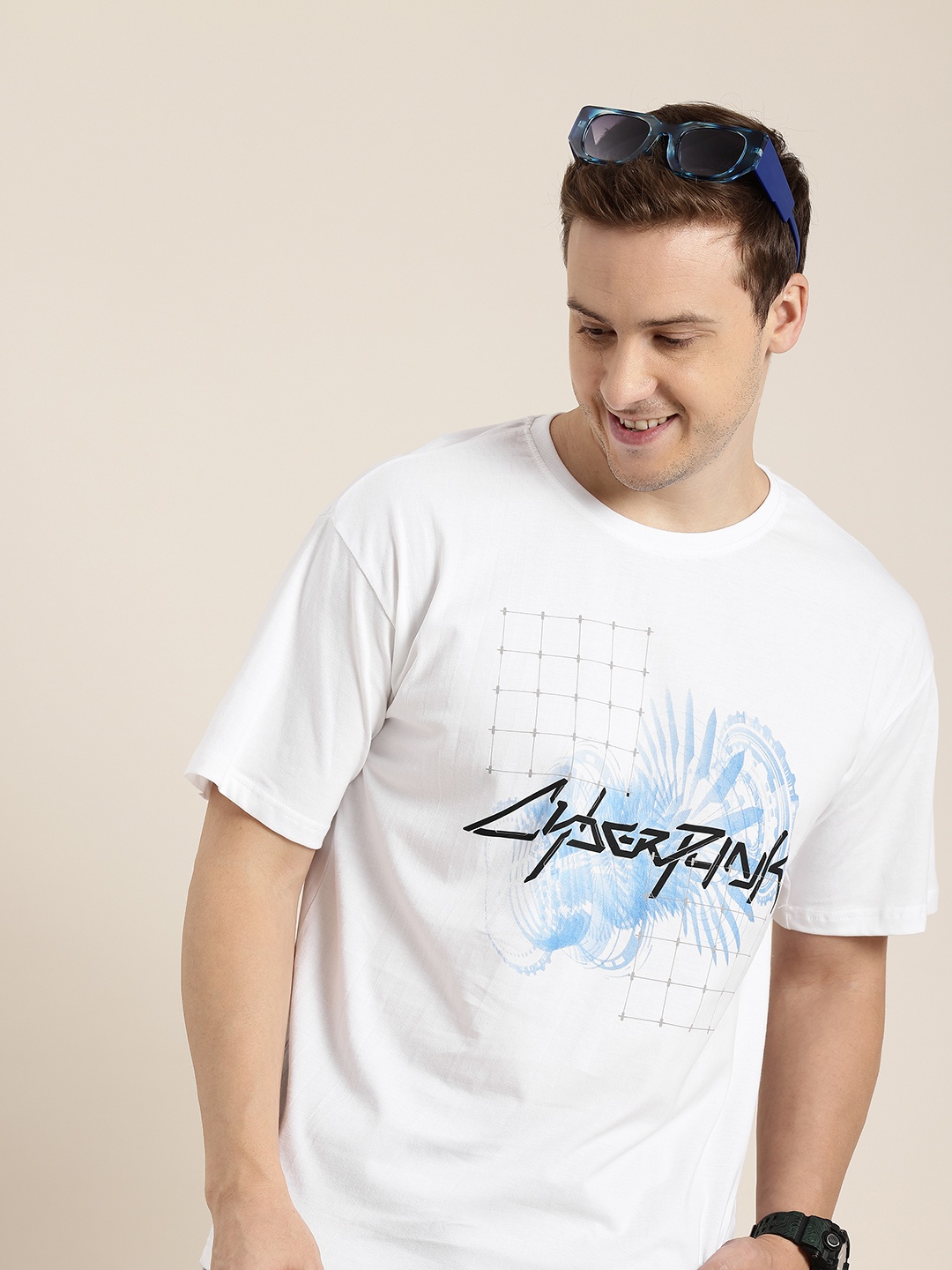 

HERE&NOW Printed Drop-Shoulder Sleeves Pure Cotton T-shirt, White