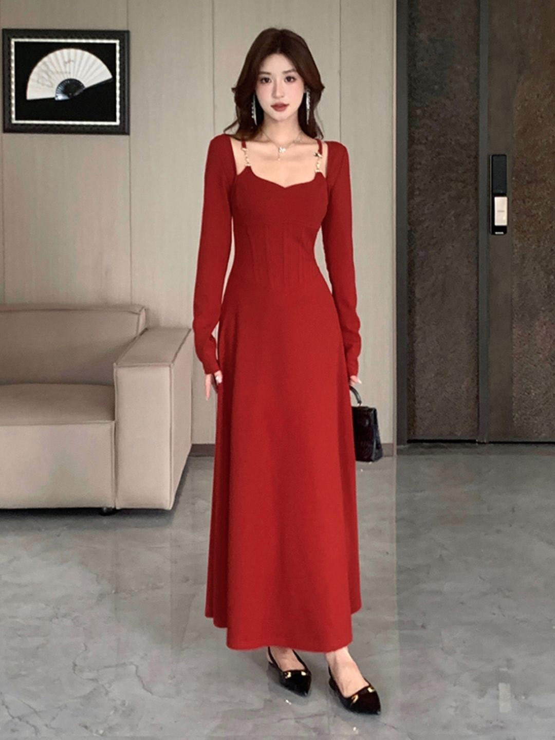 

KPOP Women Solid Sweetheart Neck A-Line Maxi Dress, Red