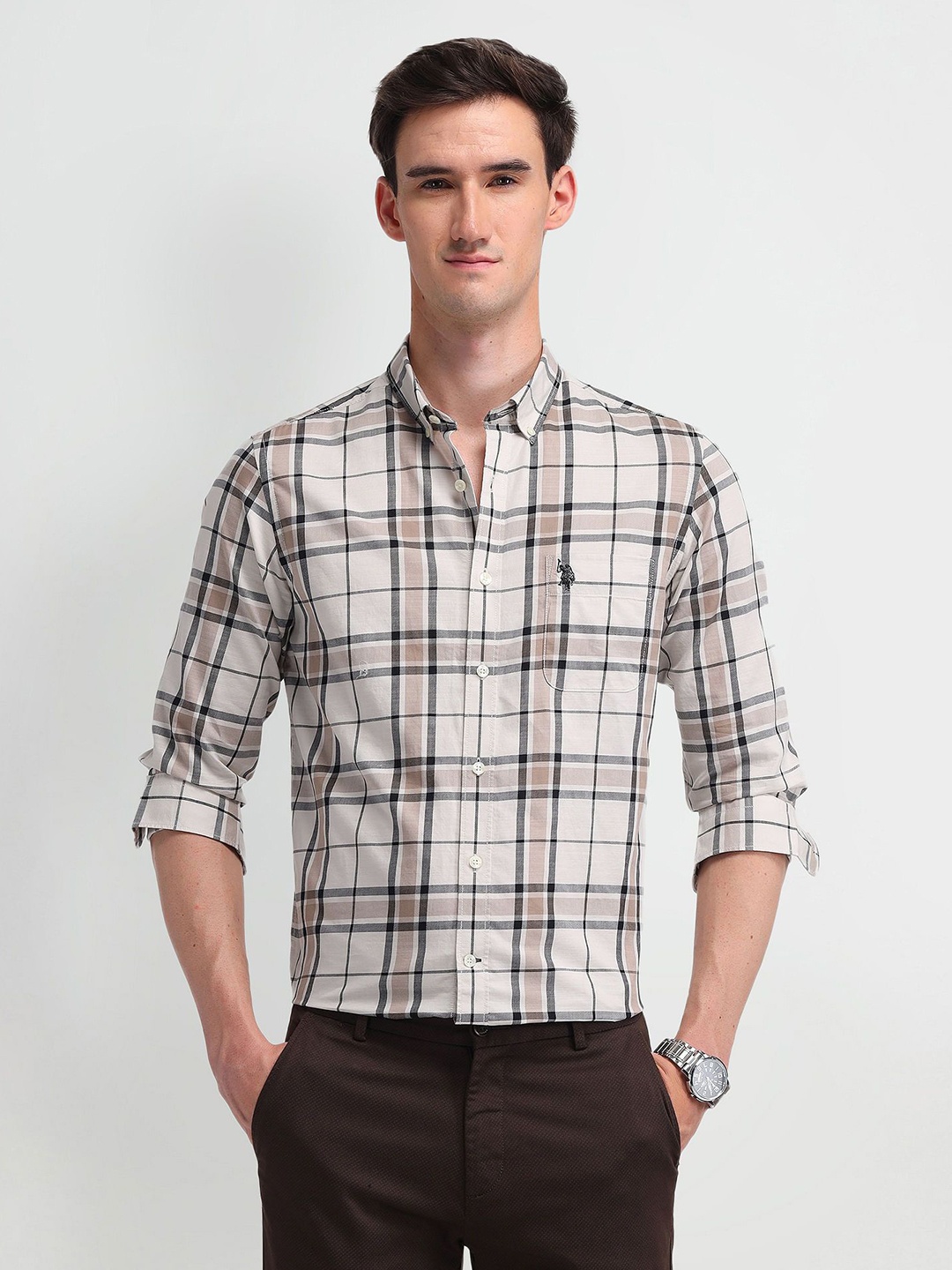 

U.S. Polo Assn. Denim Co. Men Comfort Checked Cotton Slim Fit Casual Shirt, Silver