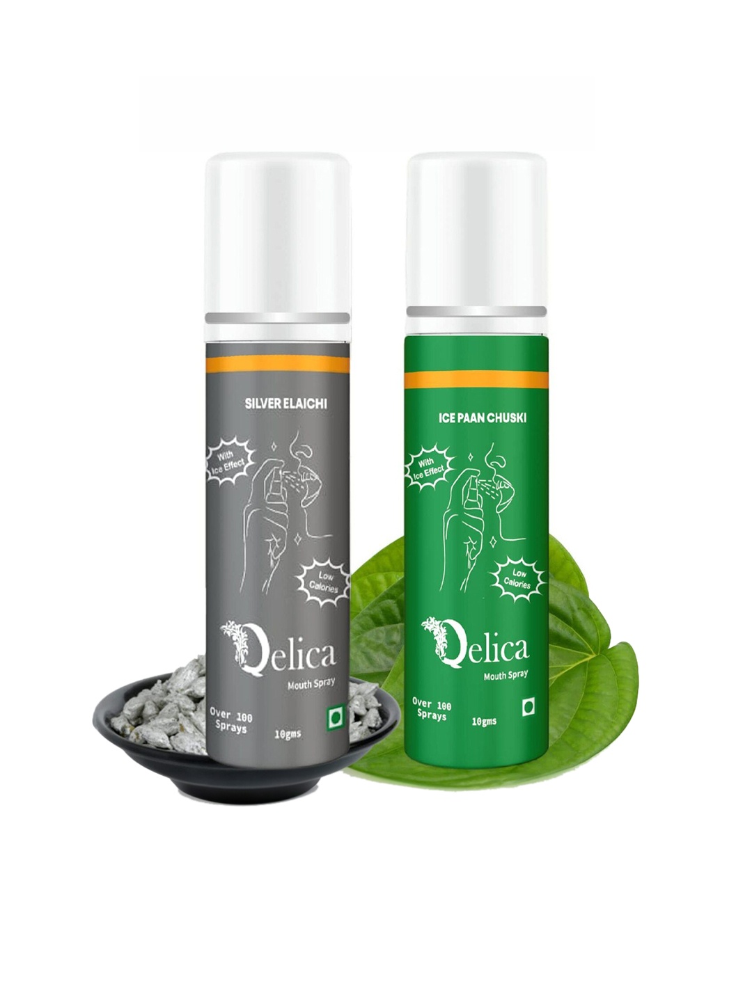 

Qelica Set Of 2 Long Lasting Mouth Spray 10 g Each - Silver Elaichi & Ice Paan Chuski, Green