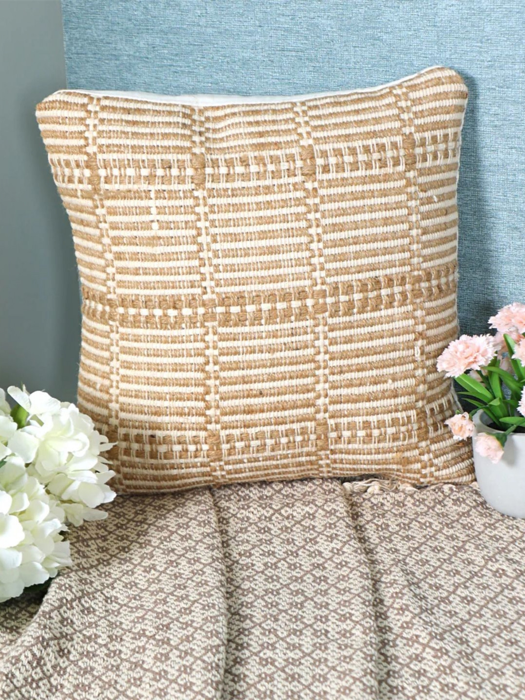 

SASHAA WORLD Beige & White Striped Square Cushion Covers