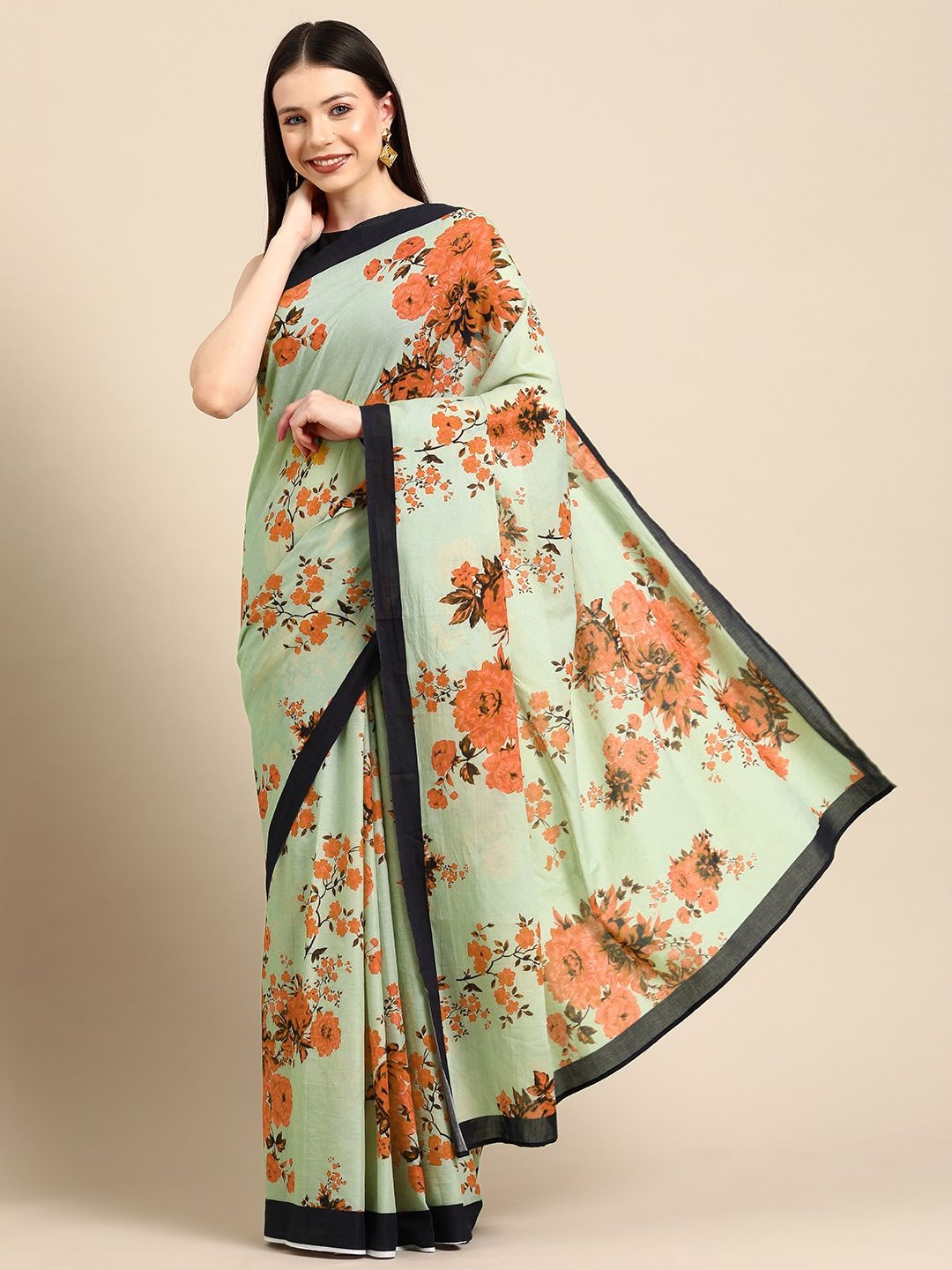 

BUTA BUTI Floral Printed Pure Cotton Saree, Green