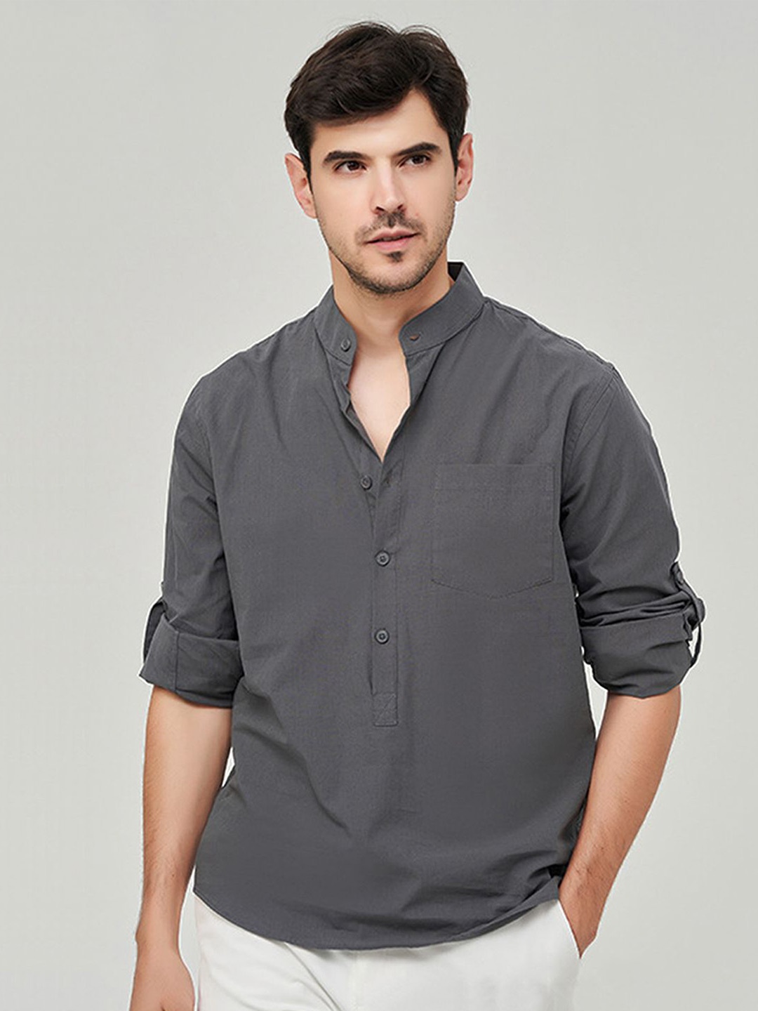 

StyleCast x Revolte Men Band Collar Solid Cotton Casual Shirt, Green