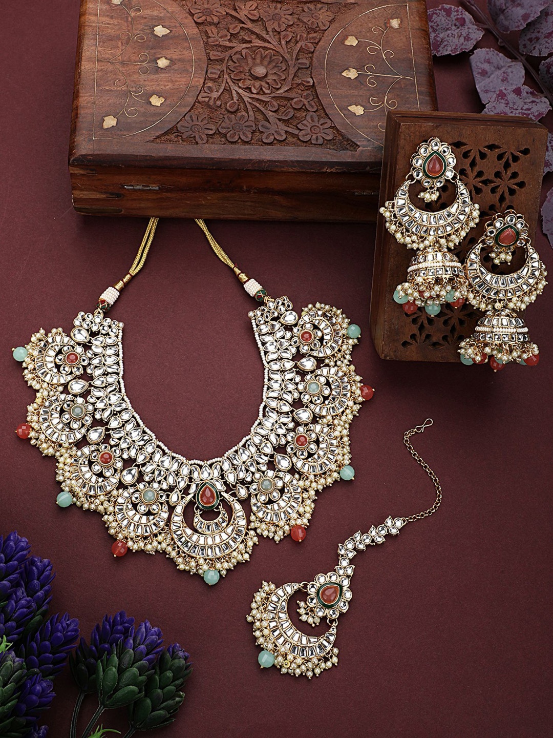 

ANIKAS CREATION Gold-Plated Kundan Studded Necklace & Earrings With Maang Tika