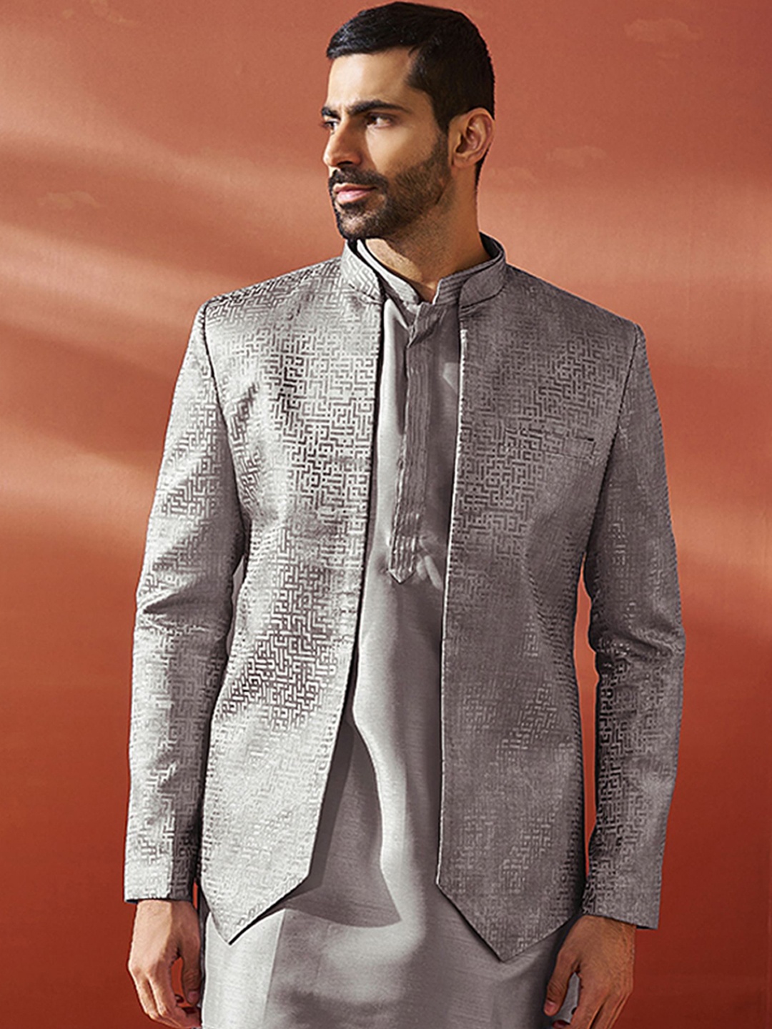 

VASTRAMAY Self-Design Slim Fit Jacquard Open Front Blazers, Grey