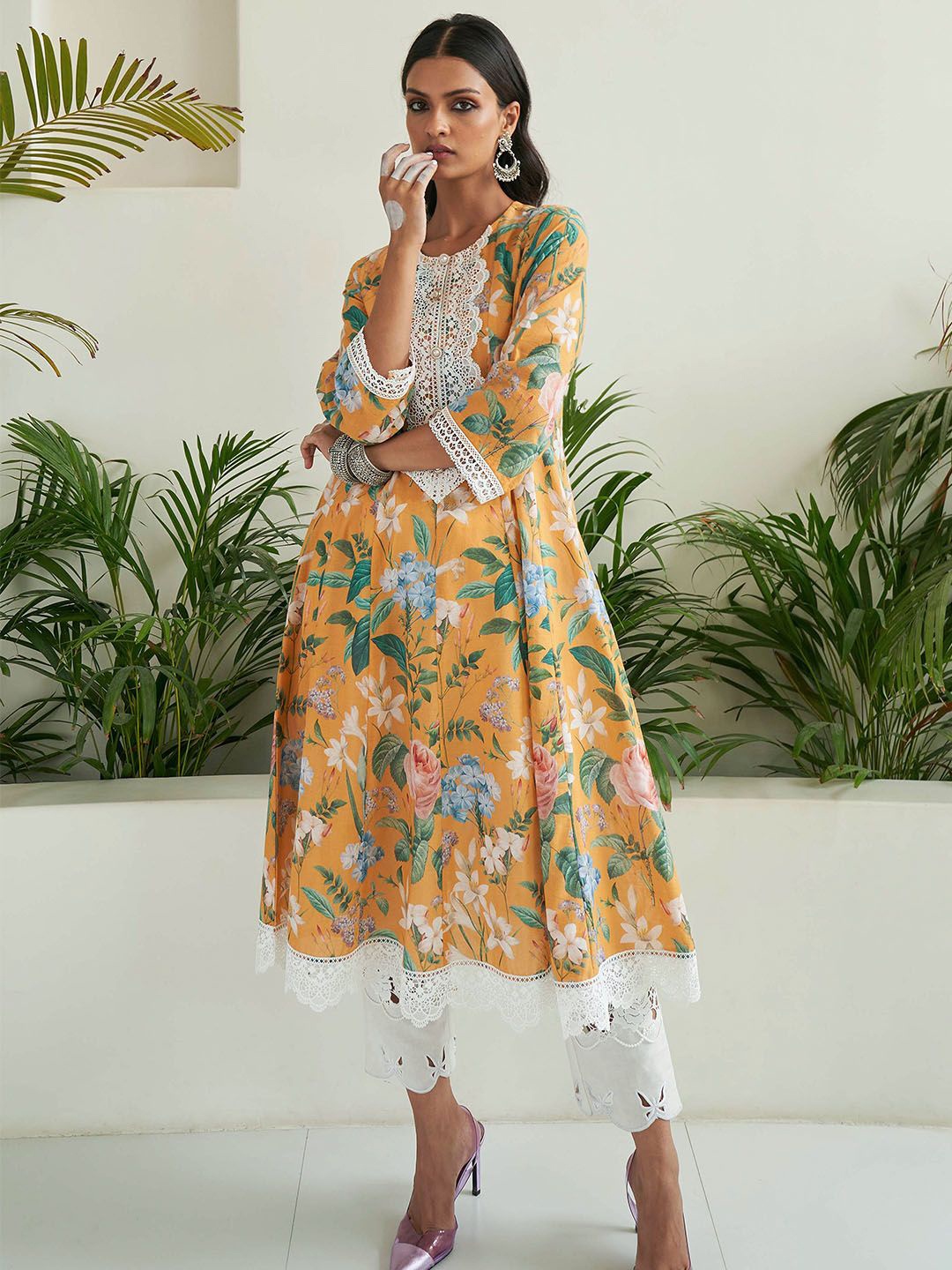 

Sage Saga Floral Printed A-Line Pure Cotton Kurta With Trousers & Dupatta, Mustard