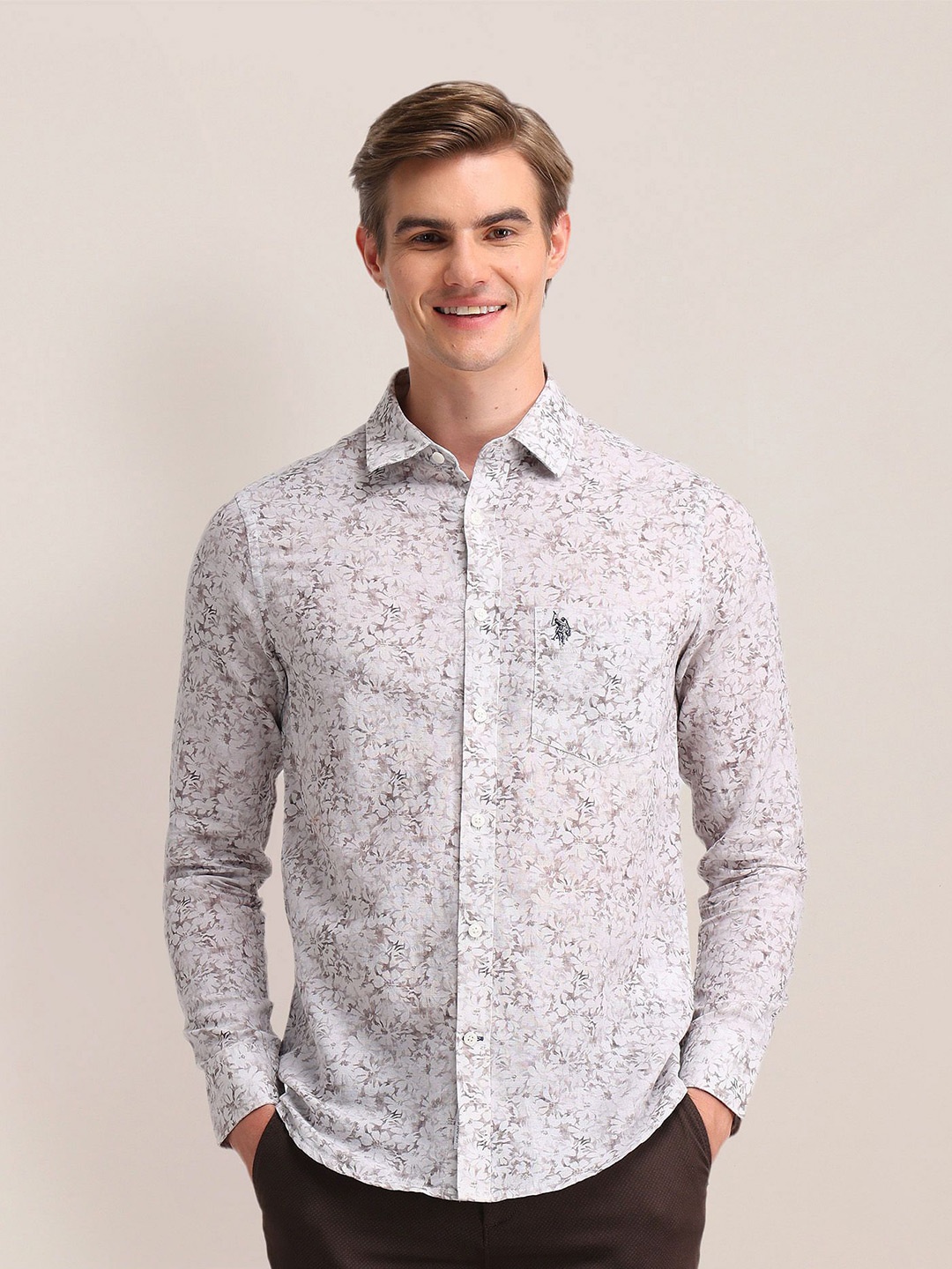 

U.S. Polo Assn. Men Spread Collar Floral Printed Cotton Casual Shirt, Grey