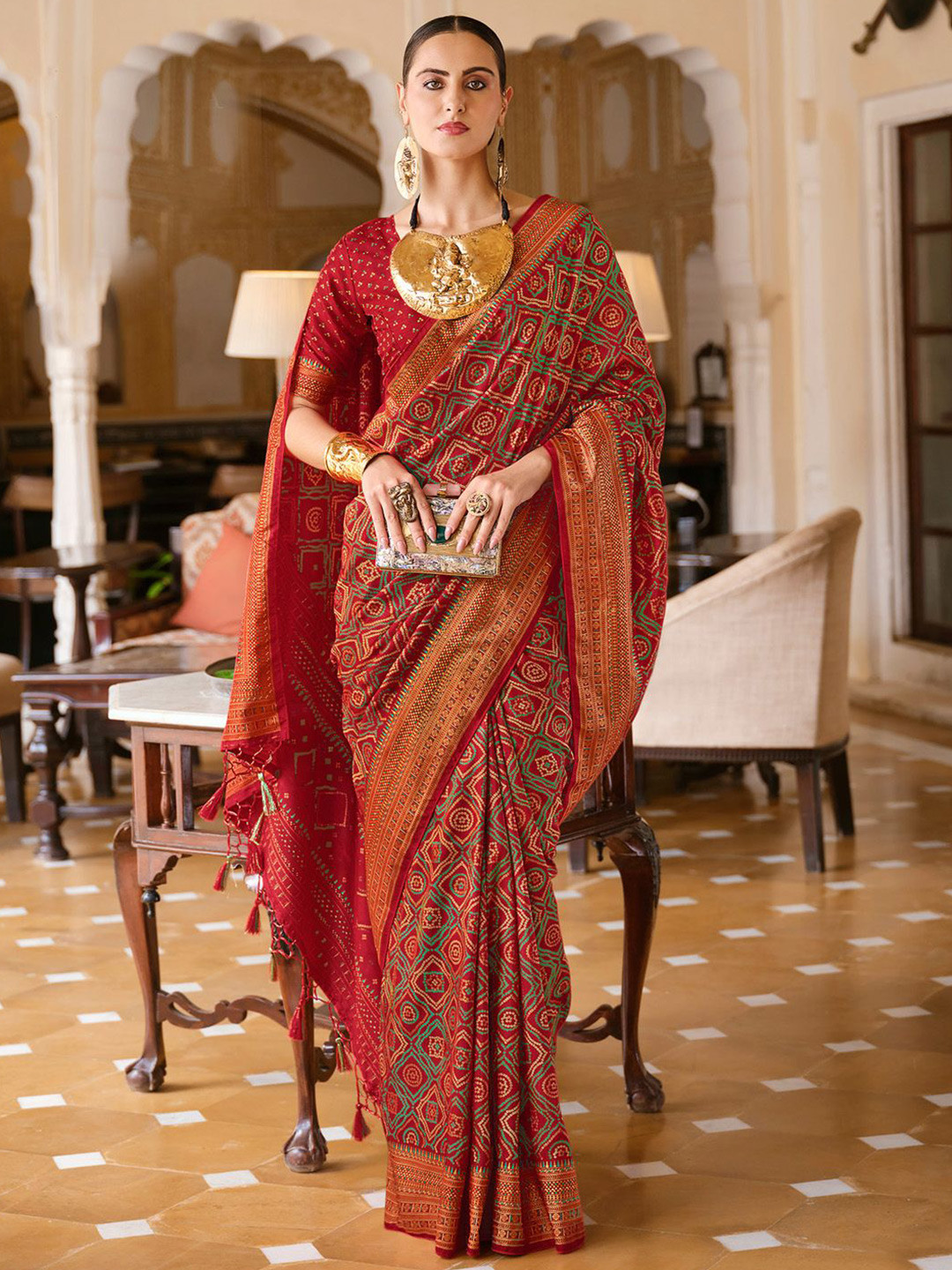 

Anouk Bandhani Printed Zari Bandhani Celebrity Saree, Red