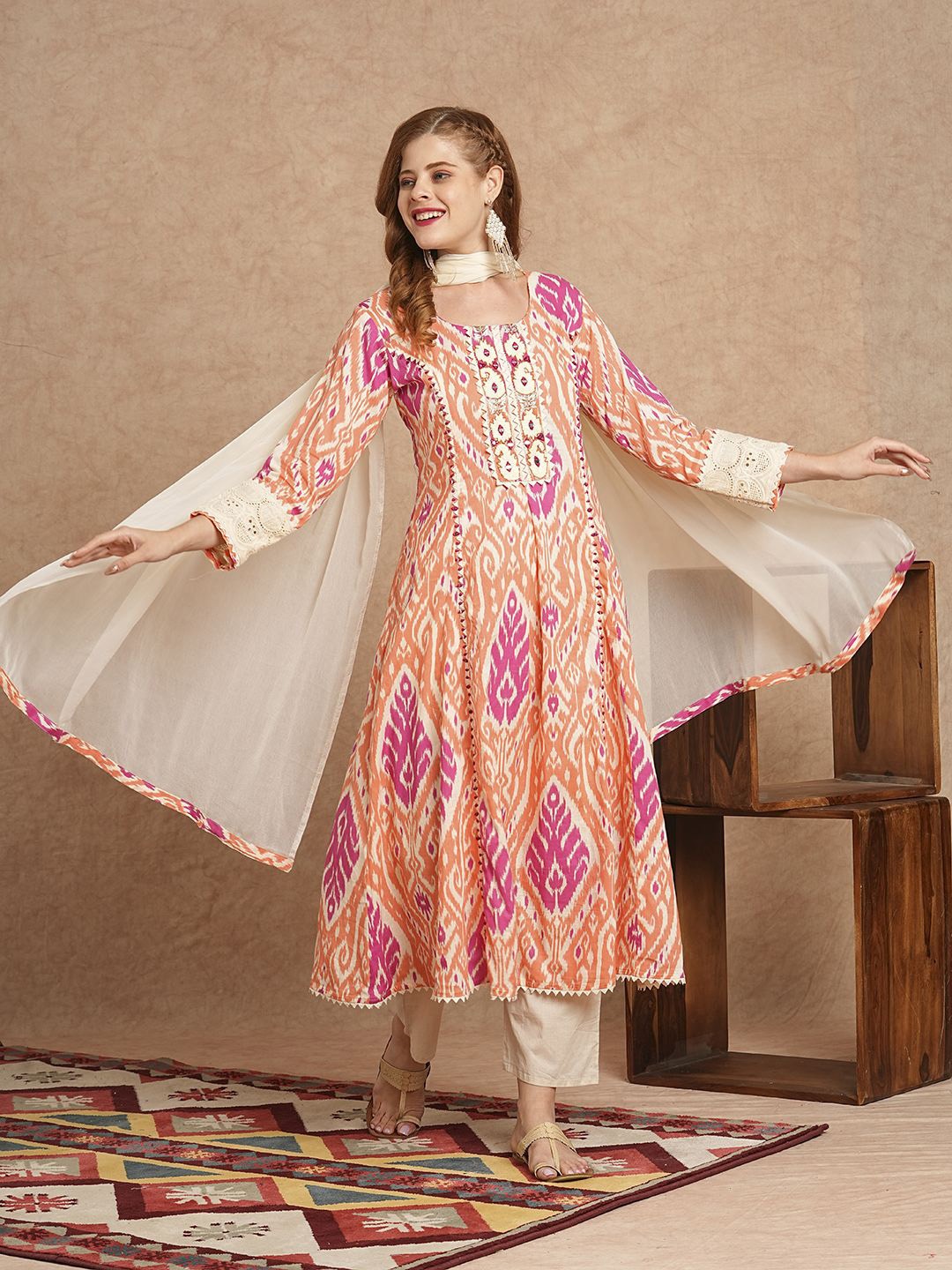 

FASHOR Ethnic Motifs Printed Mirror Work Pure Cotton A-Line Kurta with Trousers & Dupatta, Peach