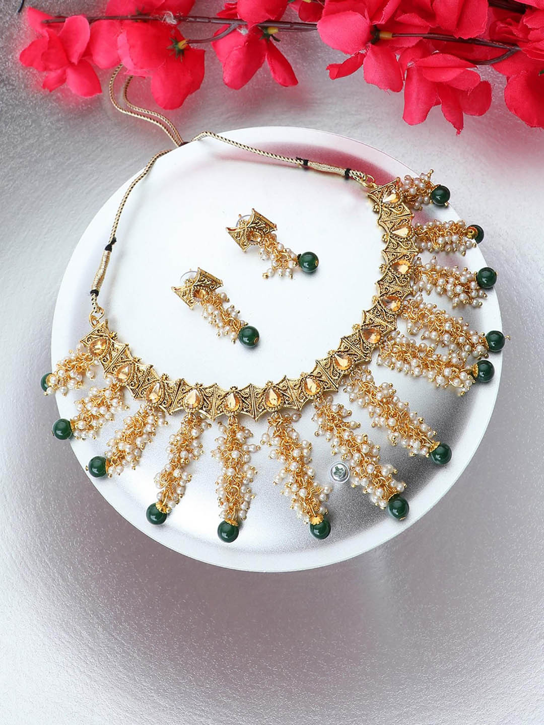 

ANIKAS CREATION Gold-Plated Stone-Studded & Beaded Jewellery Set